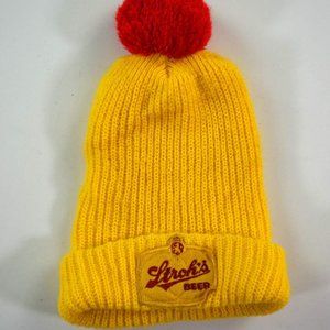 Vintage Strohs Beer Knit Stroh's Beanie Knit Ski Winter Hat Pom Yellow Red Patch